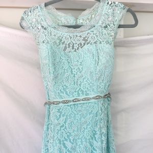 Light Blue Lace Prom Dress With Gems